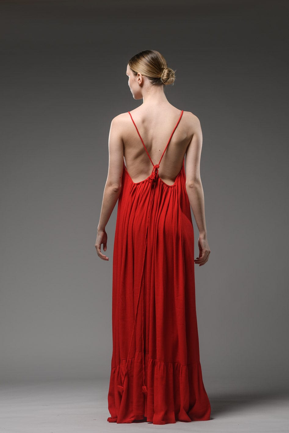 elegant classy resort wear red rayon crepe  backless spaghetti cross back strap scoop neck  maxi dress