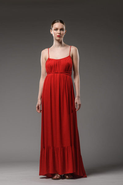 elegant classy resort wear red rayon crepe  backless spaghetti cross back strap scoop neck  maxi dress