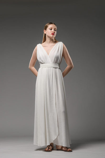 elegant classy resort wear white rayon crepe adjustable short sleeves self tie waist belt wrap maxi dress