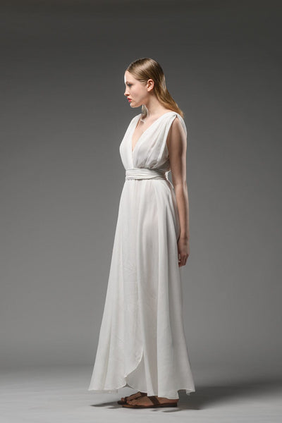 elegant classy resort wear white rayon crepe adjustable short sleeves self tie waist belt wrap maxi dress