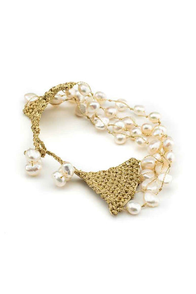 Handmade elegant chic fresh water pearls knitted with gold metal thread -awatara