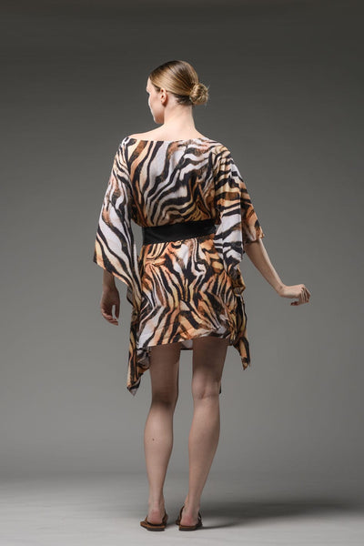 elegant resort wear tiger print loose short kaftan with 2 round side openings and belt 