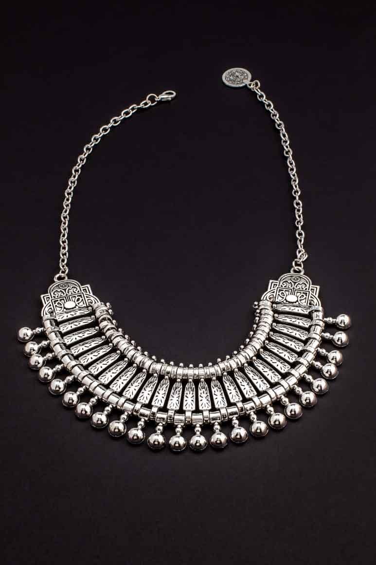 Boho silver statement necklace with ethnic design