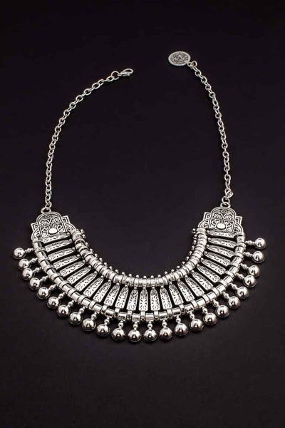   Boho chic, silver metal ethnic style short necklace.- awatara