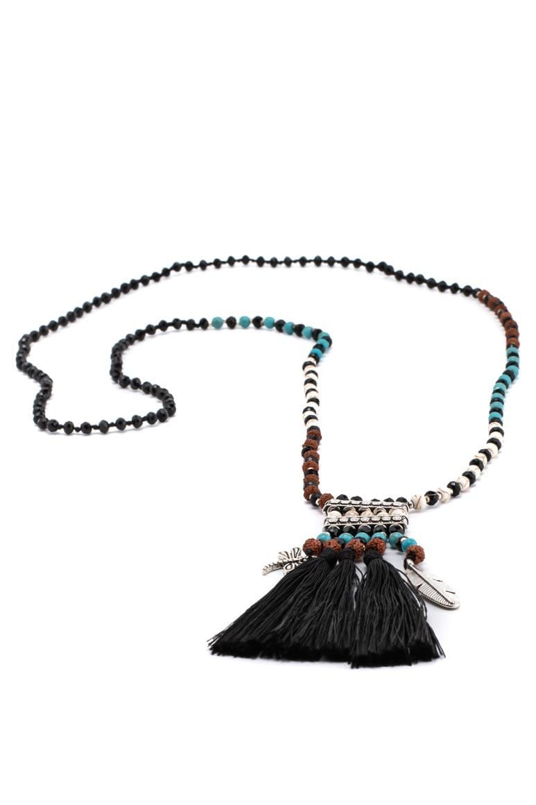 Ethnic style tassel necklace black - awatara