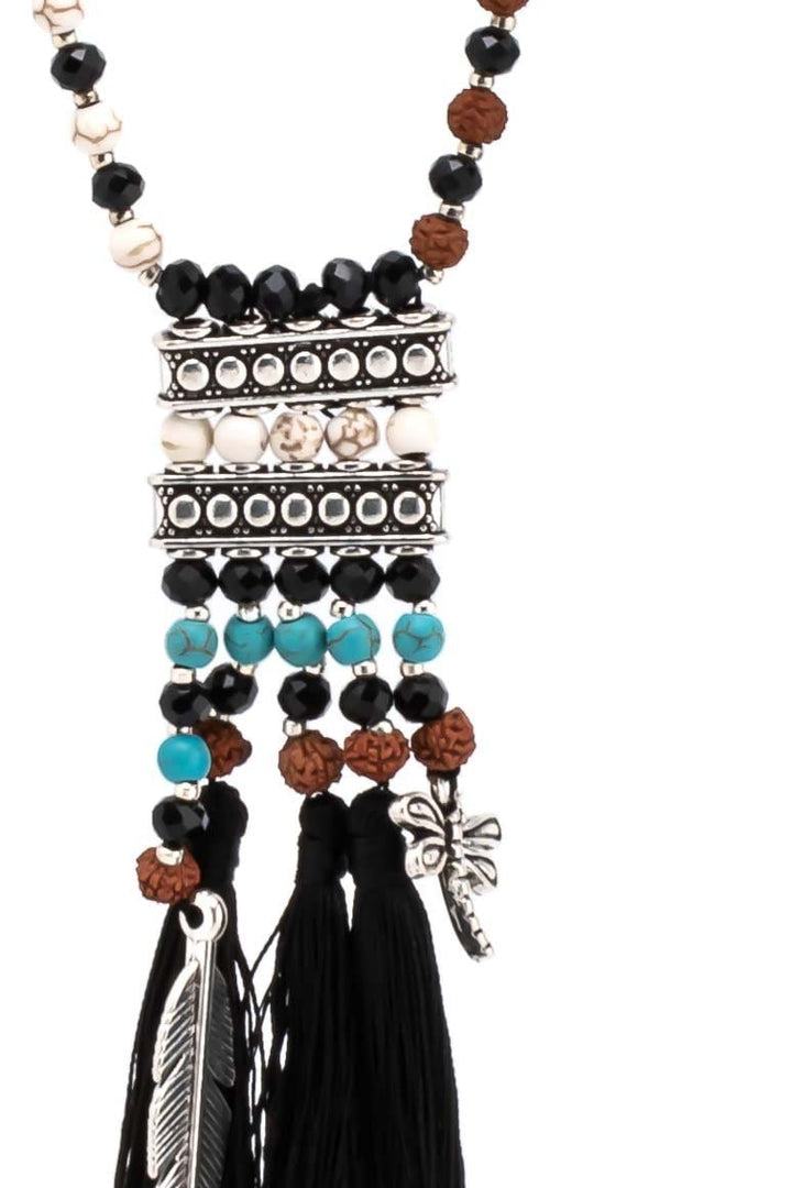 Ethnic style tassel necklace black - awatara