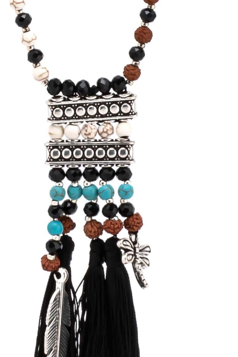 Ethnic style tassel necklace black - awatara