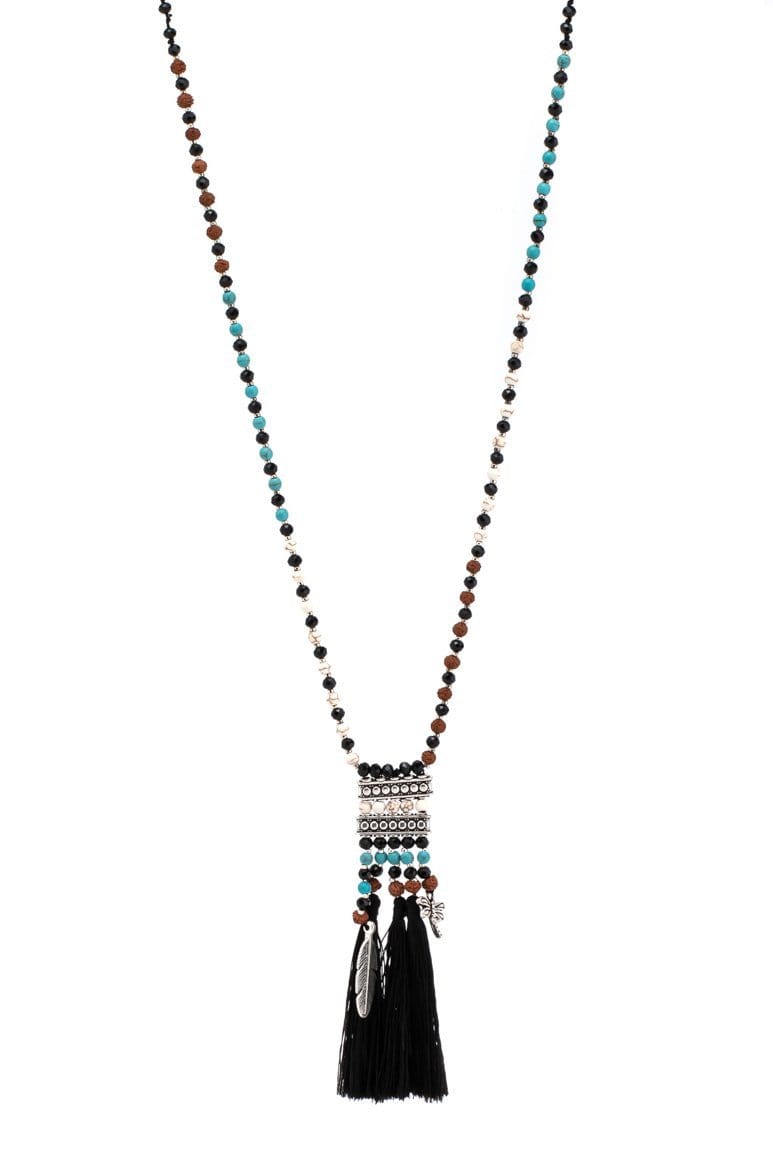 Ethnic style tassel necklace black - awatara