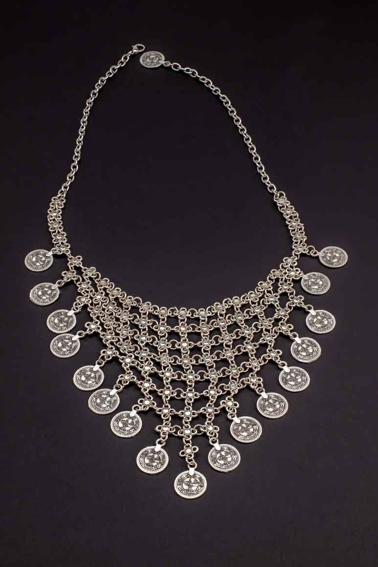 Tribal coin necklace with layered chain design