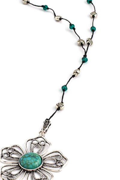 Flower Pendant turquoise stone rosary necklace - awatara
