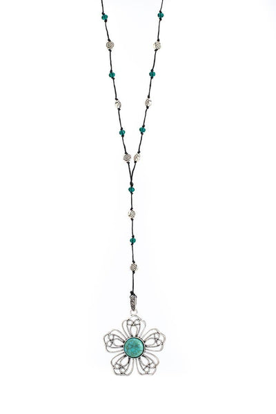 Flower Pendant turquoise stone rosary necklace - awatara