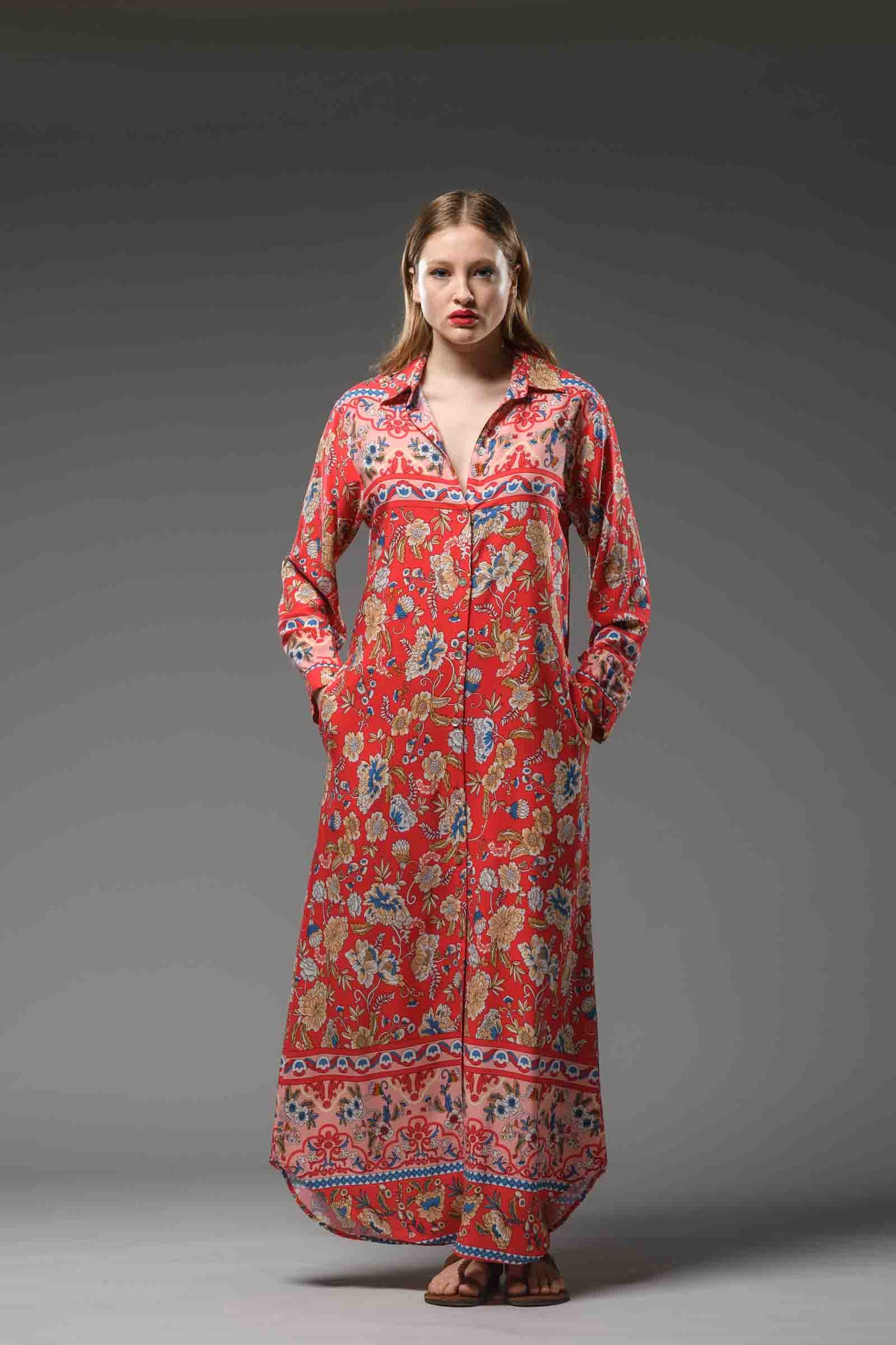  flower border print red rayon long collared shirt dress