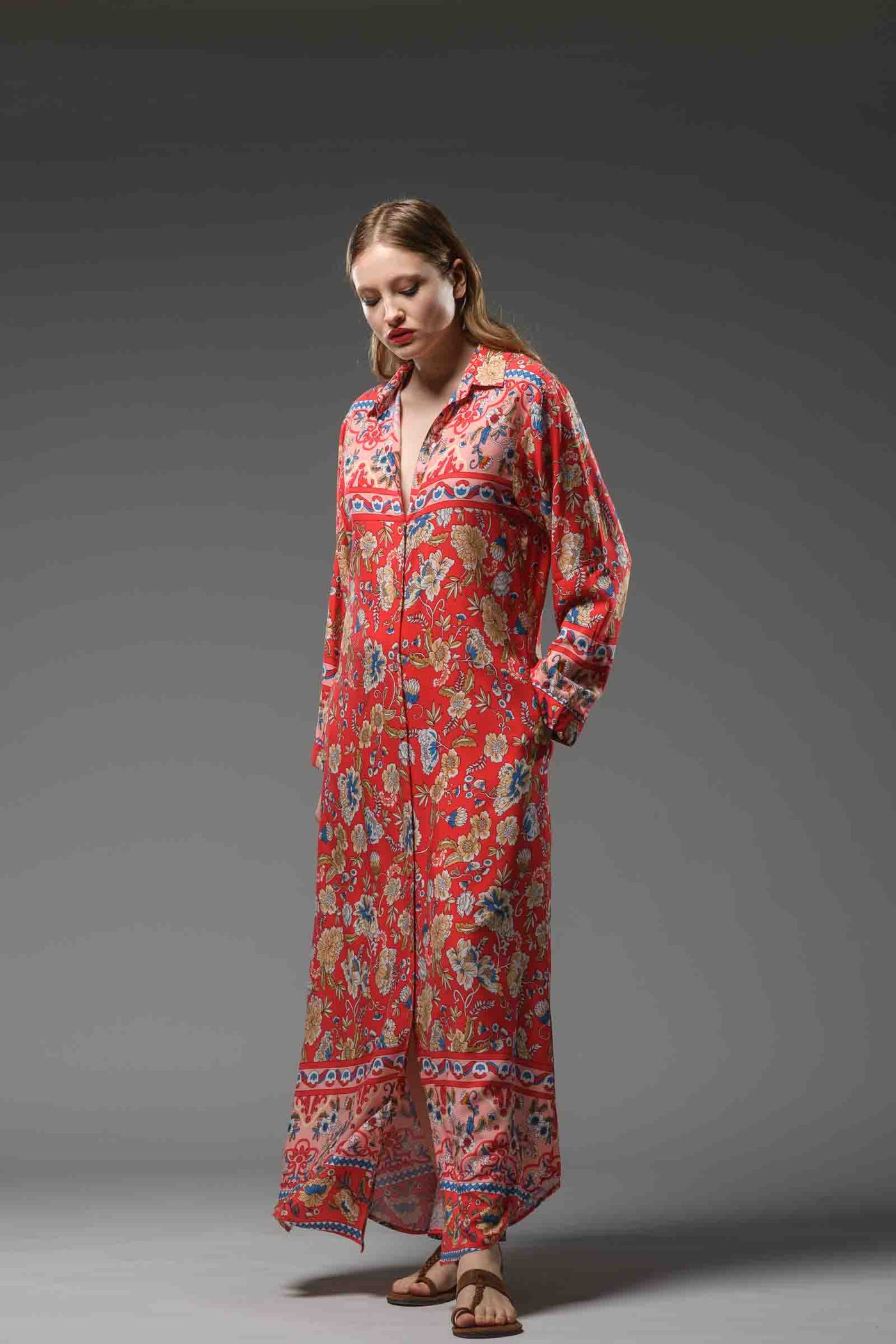  flower border print red rayon long collared shirt dress