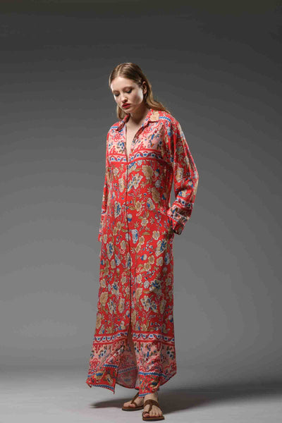  flower border print red rayon long collared shirt dress