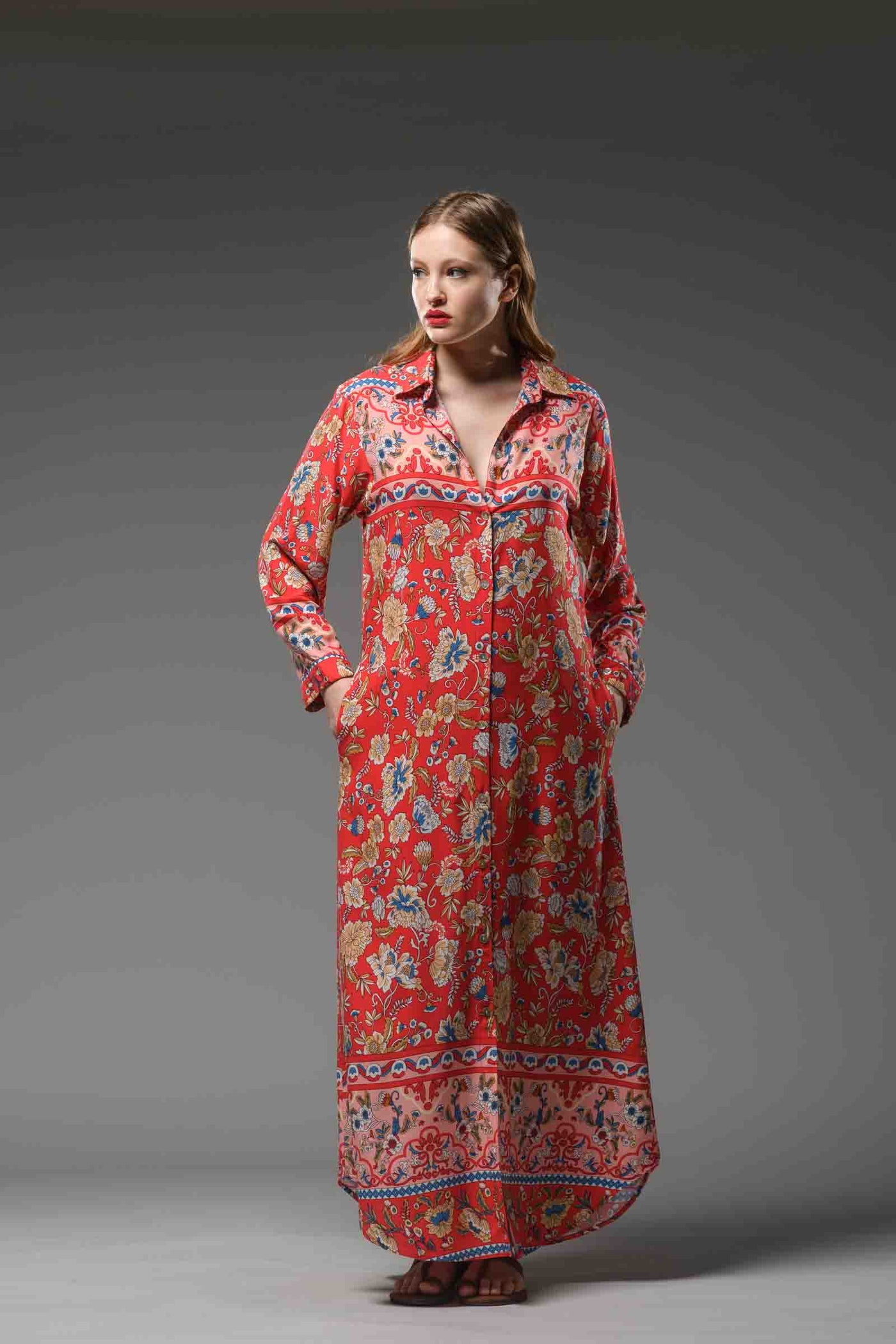  flower border print red rayon long collared shirt dress