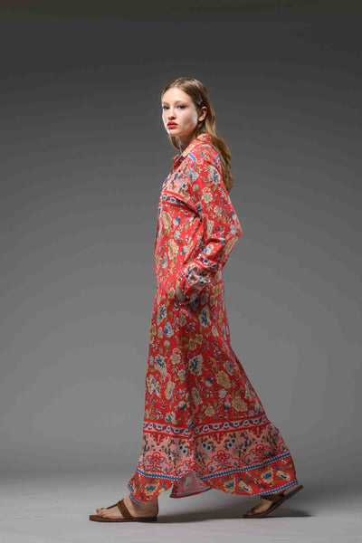  flower border print red rayon long collared shirt dress