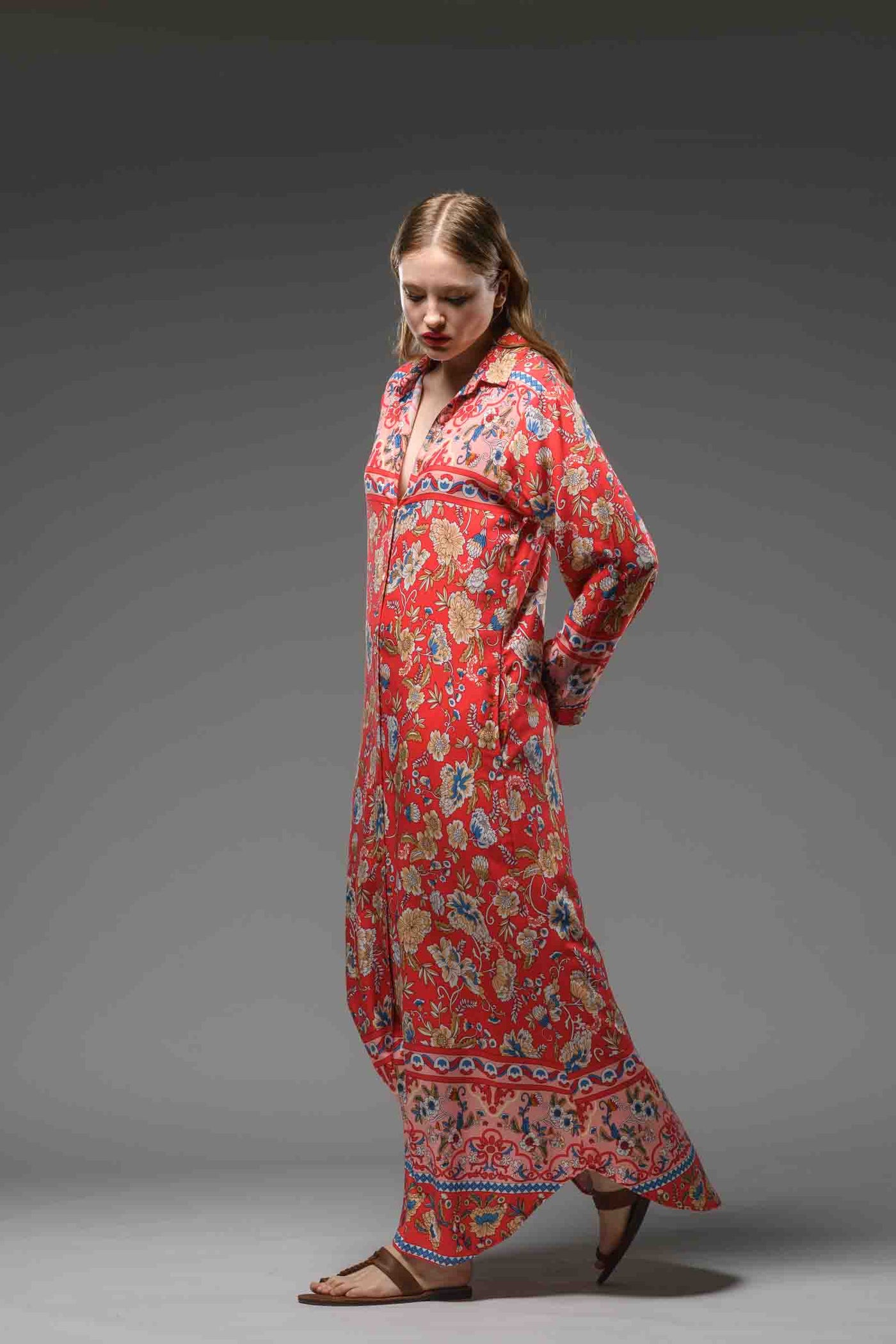  flower border print red rayon long collared shirt dress