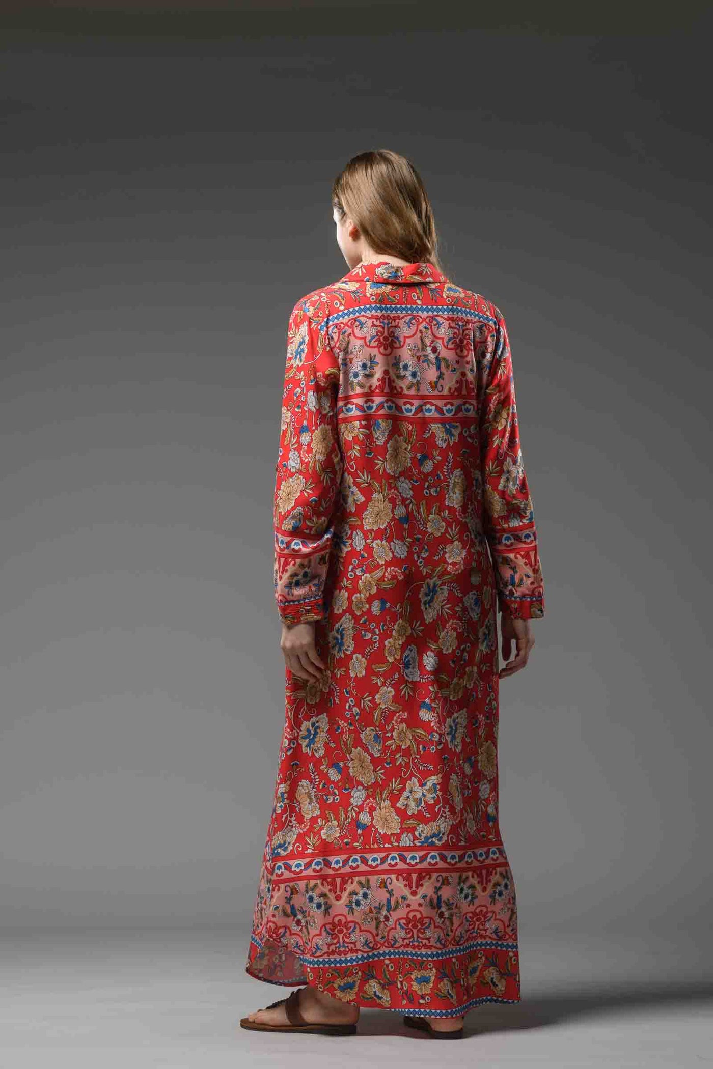  flower border print red rayon long collared shirt dress