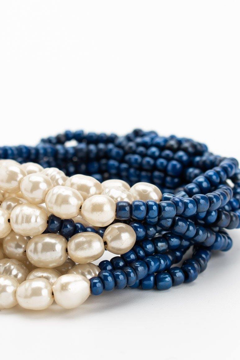 Glass beads and pearl elastic bracelet BLUE - awatara