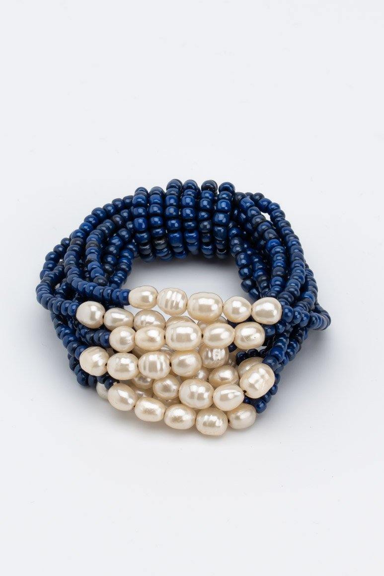 Glass beads and pearl elastic bracelet BLUE - awatara