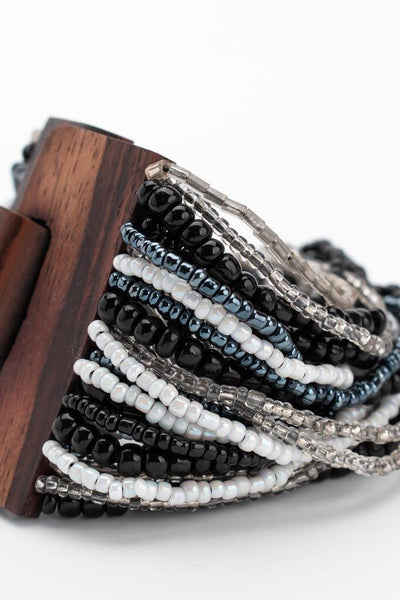 Handmade glass beads multi strand elastic bracelet black & white-awatara