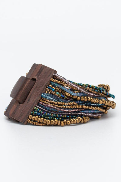 Handmade glass beads multi strand elastic bracelet blue & gold-awatara