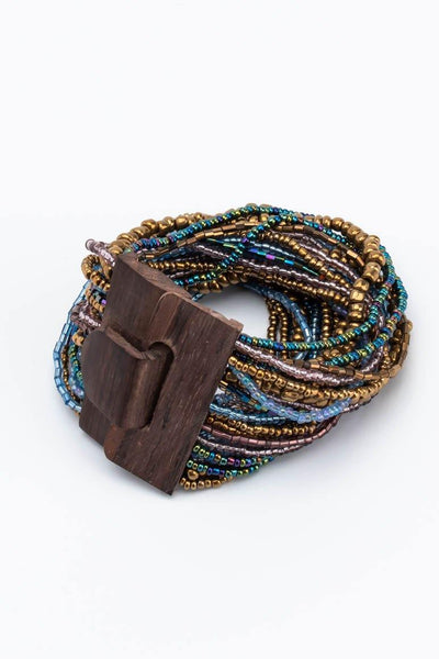 Handmade glass beads multi strand elastic bracelet blue & gold-awatara