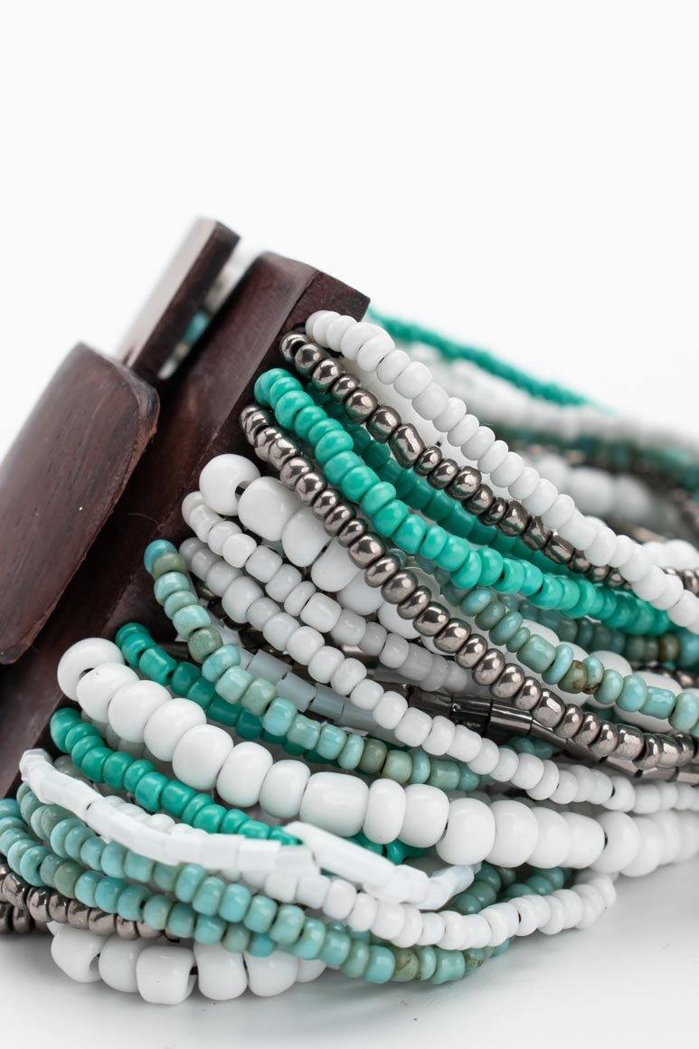 Handmade glass beads multi strand elastic bracelet green & white-awatara