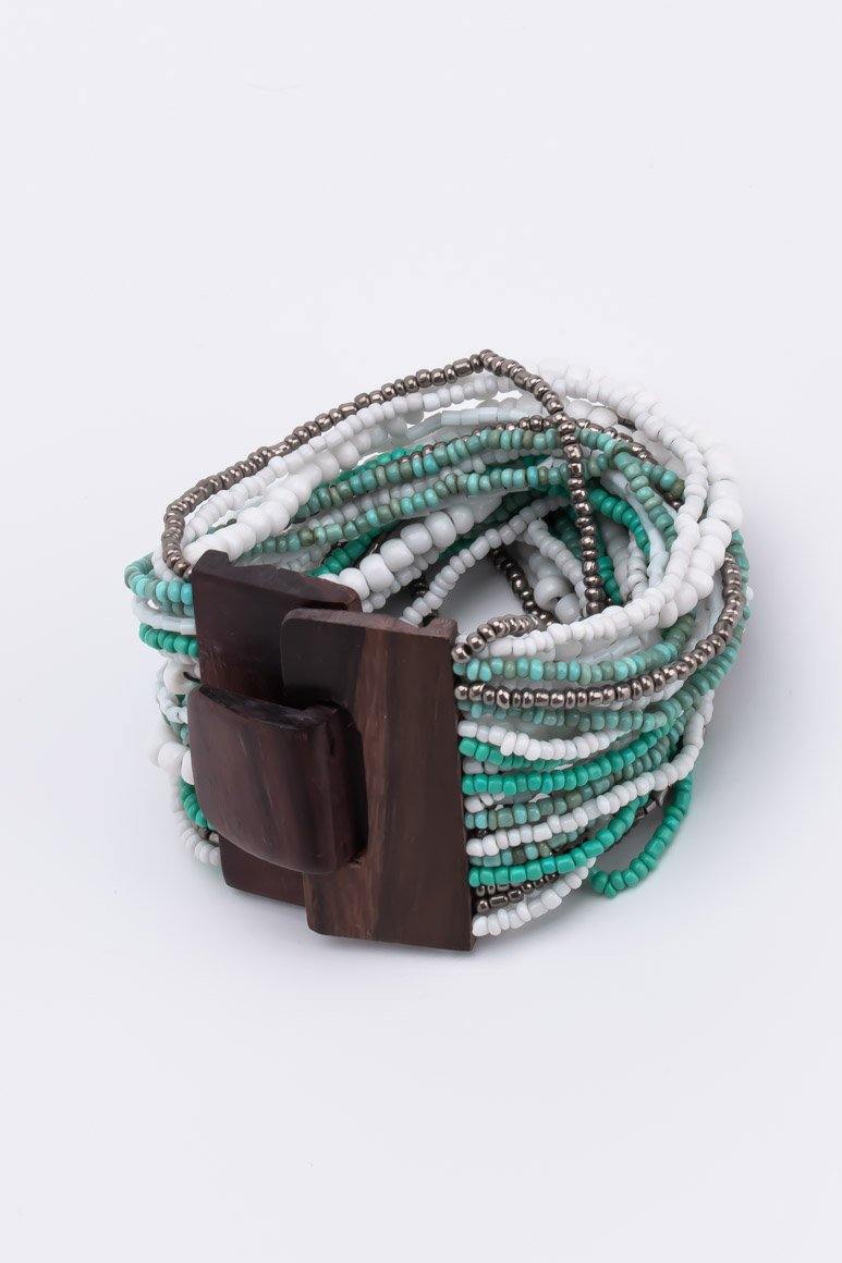 Handmade glass beads multi strand elastic bracelet green & white-awatara