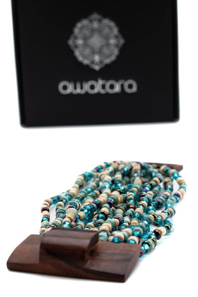 Handmade glass beads multi strand elastic bracelet multicolor blue-awatara
