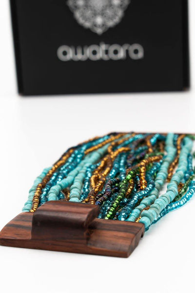 Handmade glass beads multi strand elastic bracelet turquoise-awatara