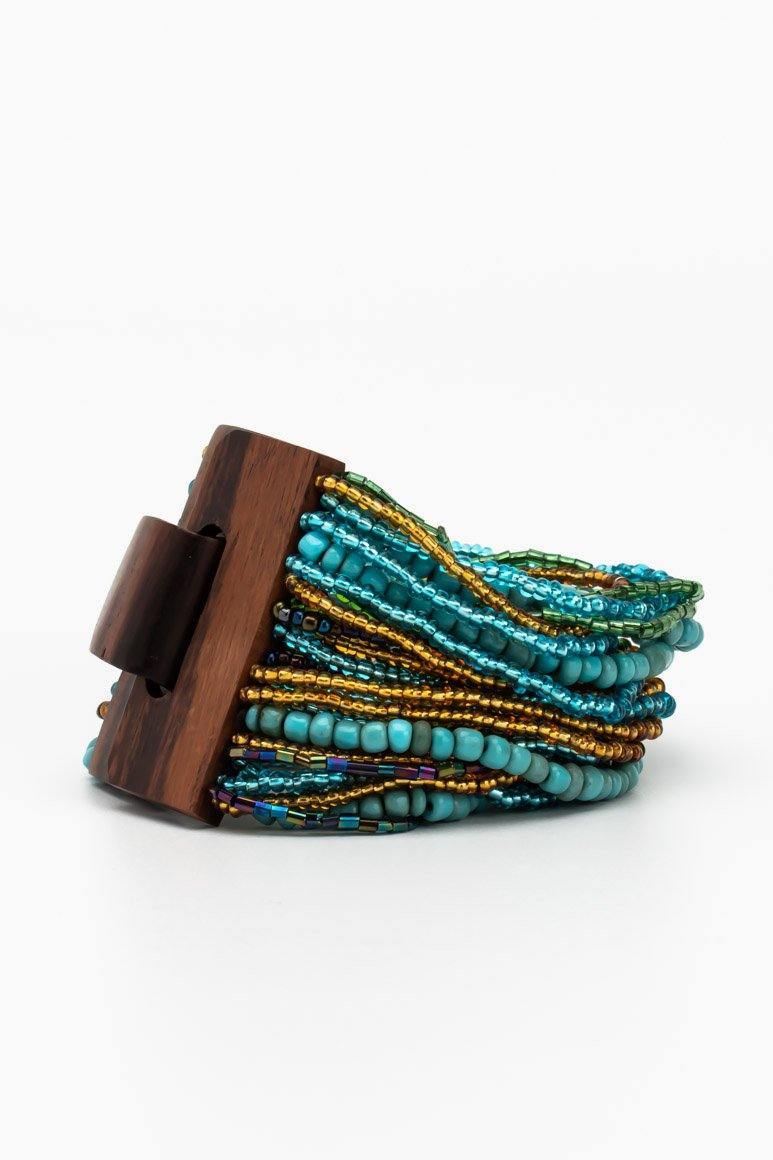 Handmade glass beads multi strand elastic bracelet turquoise-awatara