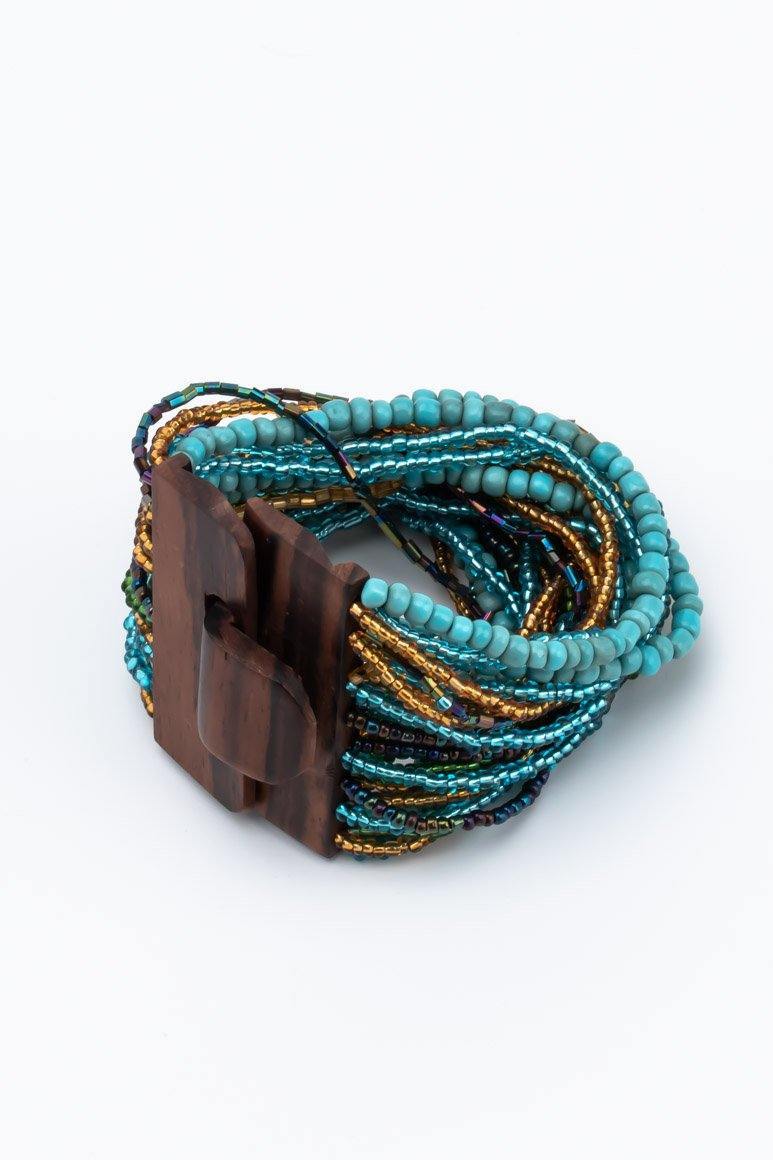 Handmade glass beads multi strand elastic bracelet turquoise-awatara