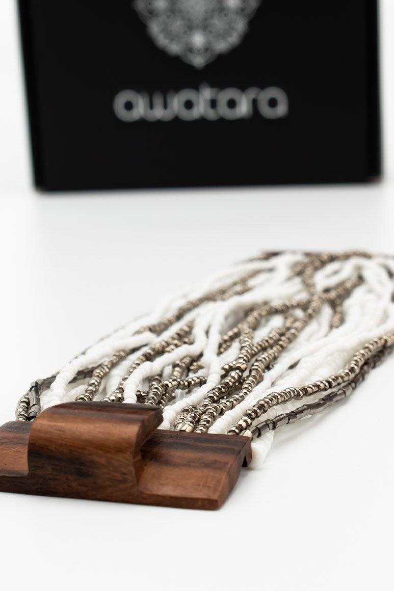 Handmade glass beads multi strand elastic bracelet white & silver-awatara