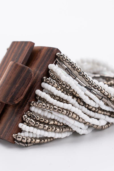 Handmade glass beads multi strand elastic bracelet white & silver-awatara