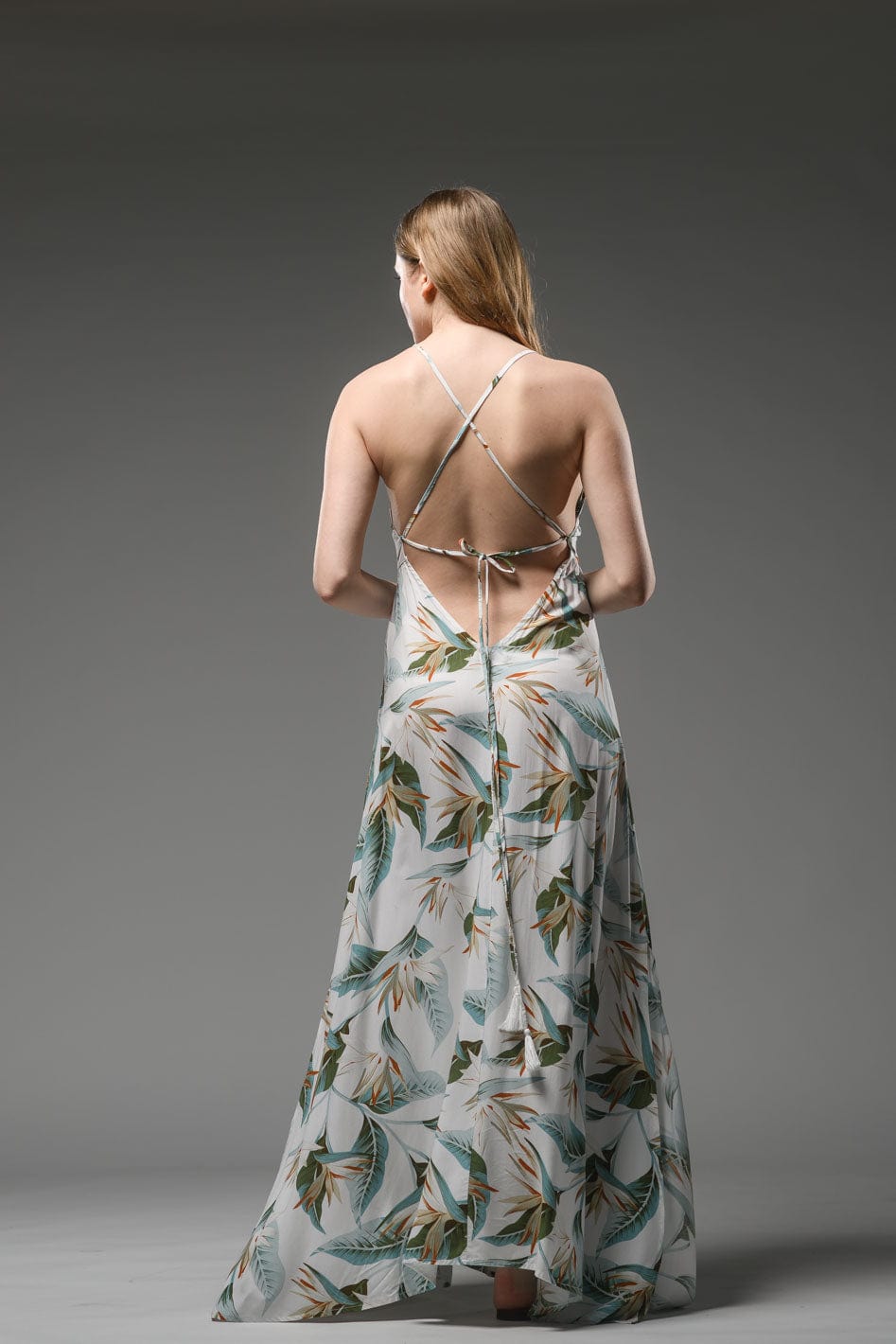 green flower white print spaghetti cross back strap A line backless sexy maxi dress 