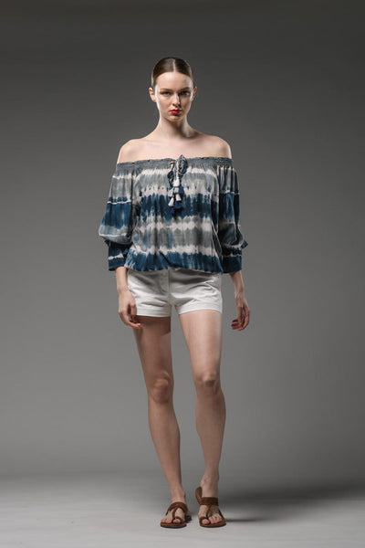 blue grey tie dye long sleeve elastic neck and waist top