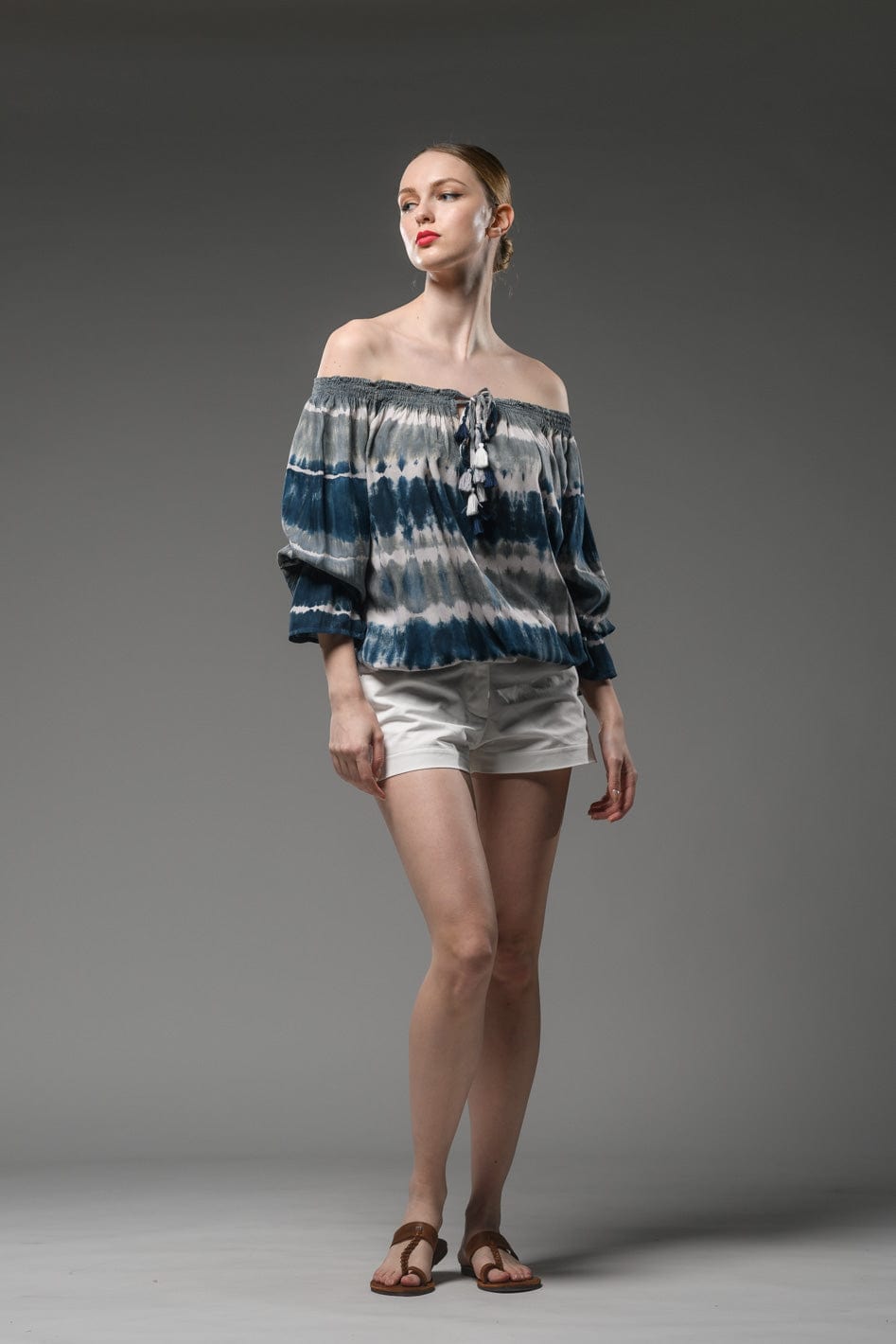 blue grey tie dye long sleeve elastic neck and waist top