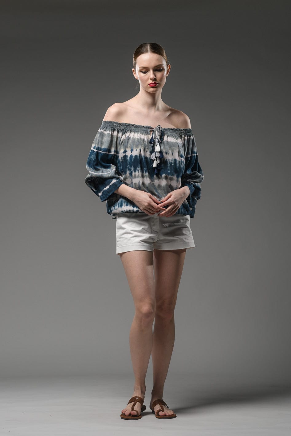 blue grey tie dye long sleeve elastic neck and waist top