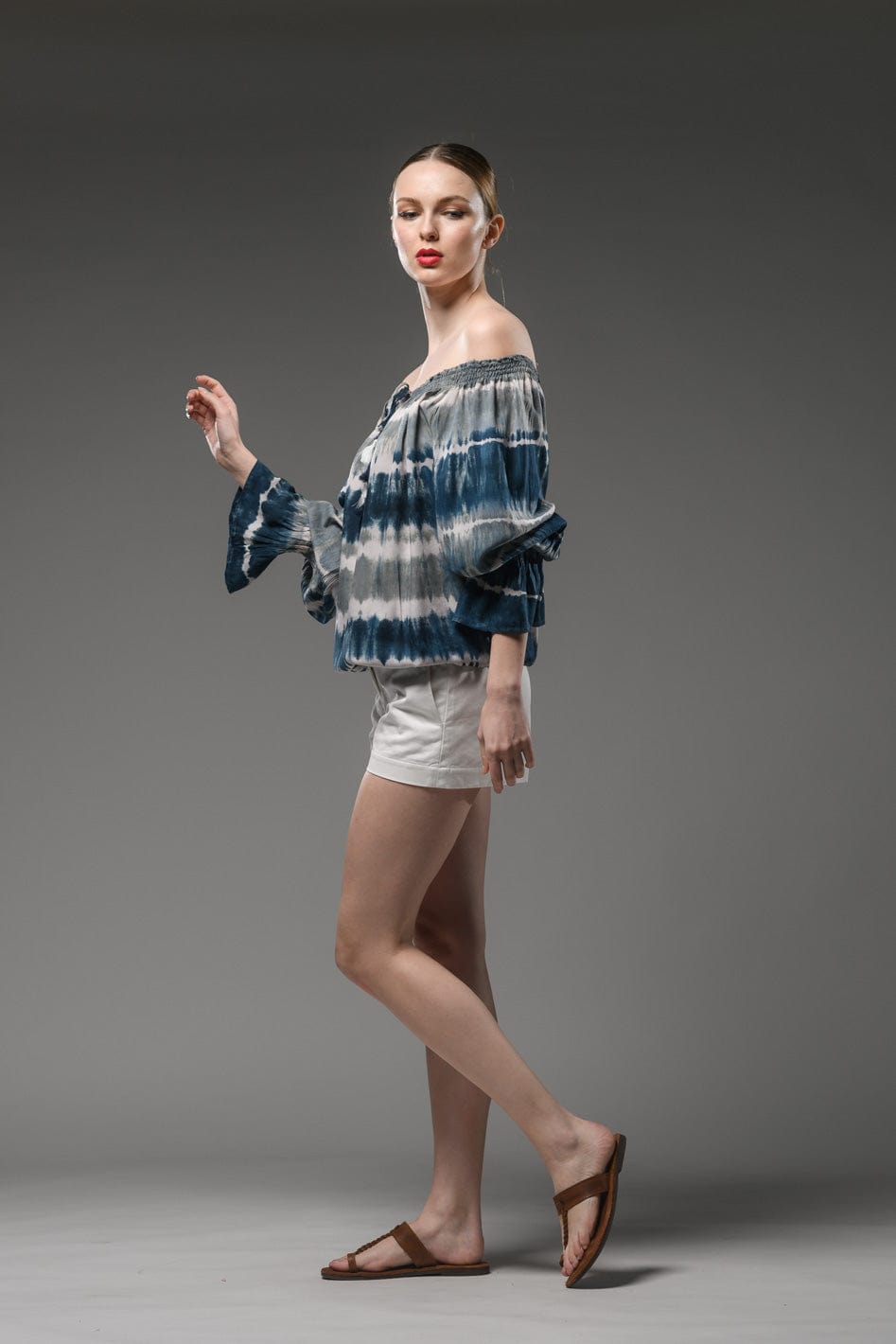 blue grey tie dye long sleeve elastic neck and waist top