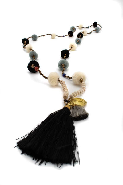 HANDMADE BLACK POM POM Long necklace - awatara