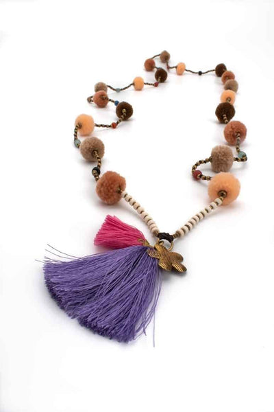 HANDMADE Brown POM POM Long necklace - awatara