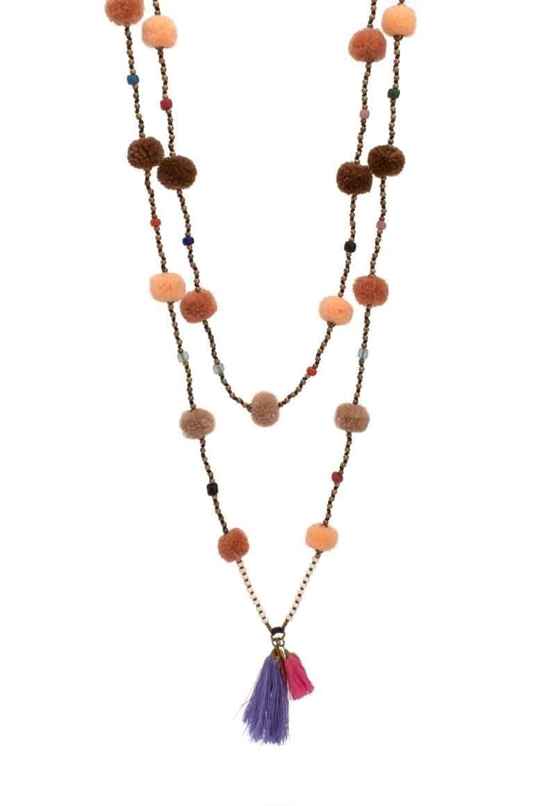 HANDMADE Brown POM POM Long necklace - awatara