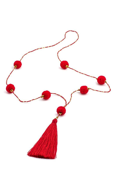 HANDMADE red Pom Pom necklace - awatara