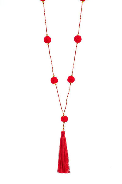 HANDMADE red Pom Pom necklace - awatara