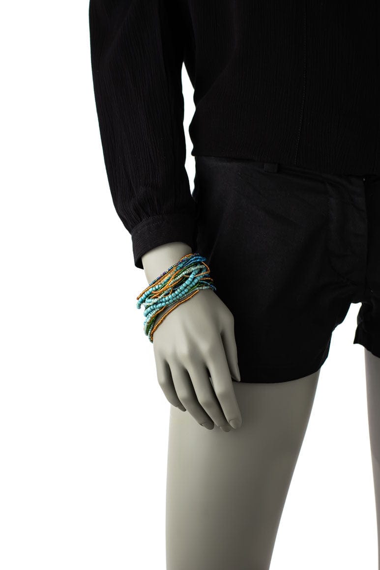 Handmade glass beads multi strand elastic bracelet turquoise-awatara