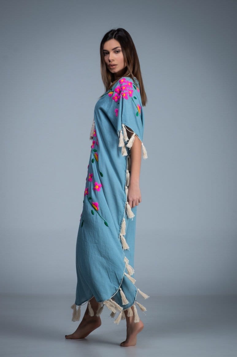 Hand embroidered fringes tassel side split long kimono