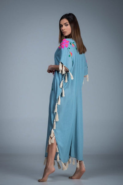 Hand embroidered fringes tassel side split long kimono