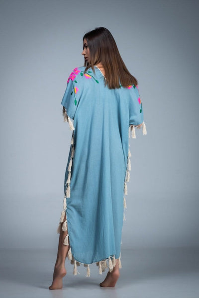 Hand embroidered fringes tassel side split long kimono