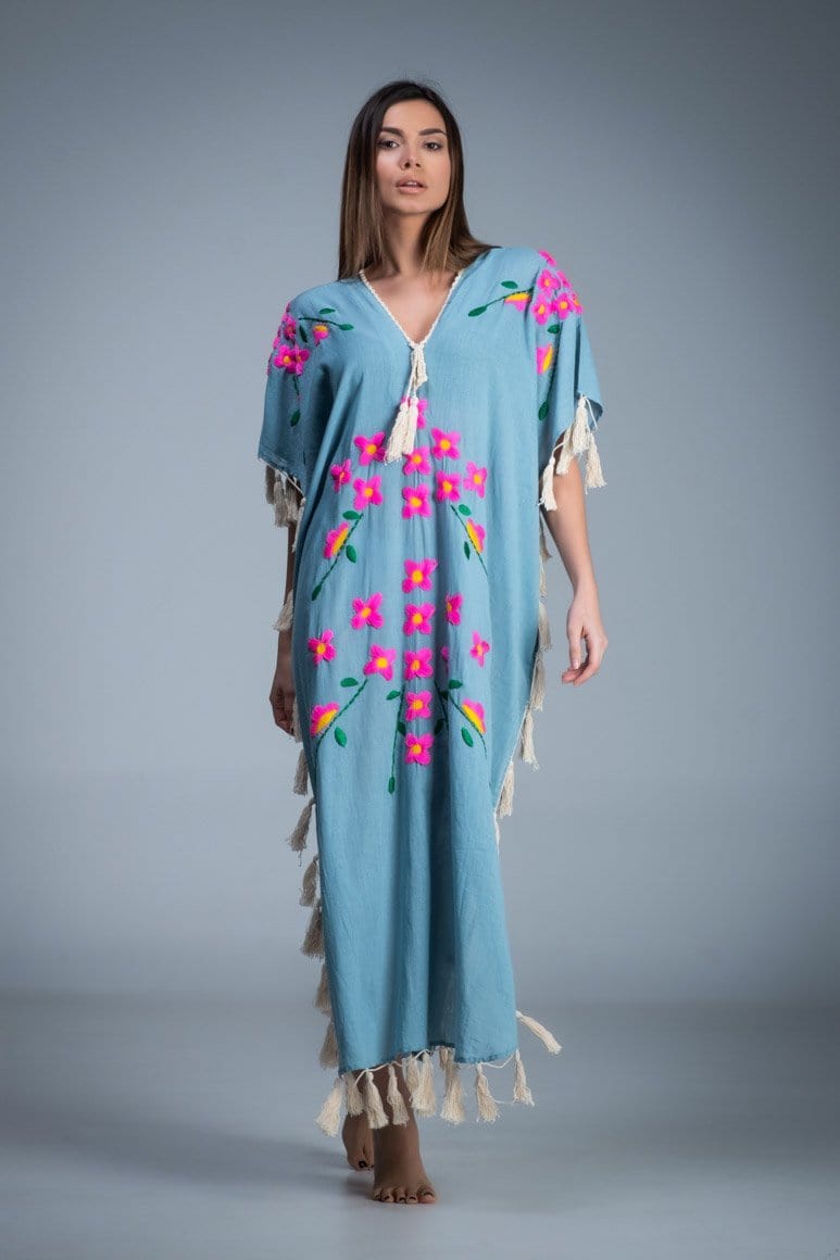 Hand embroidered fringes tassel side split long kimono